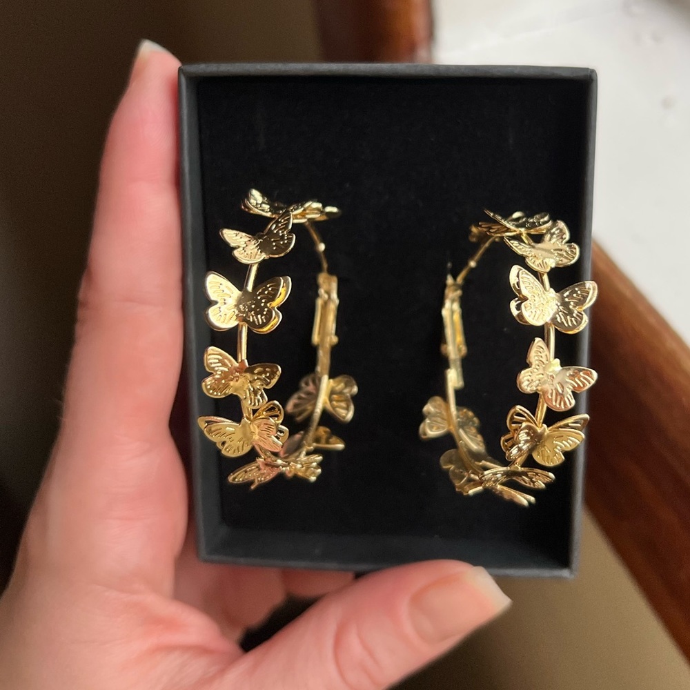 14k Gold Plated Butterfly Hoops - Picture 3 of 4